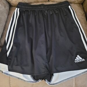 Adidas running shorts, youth Large, black with white striping, drawstring